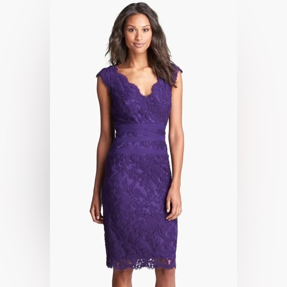 Tadashi Shoji PETITE Women's Embroidered Lace Overlay Sheath Dress PURPLE 2P NWT
